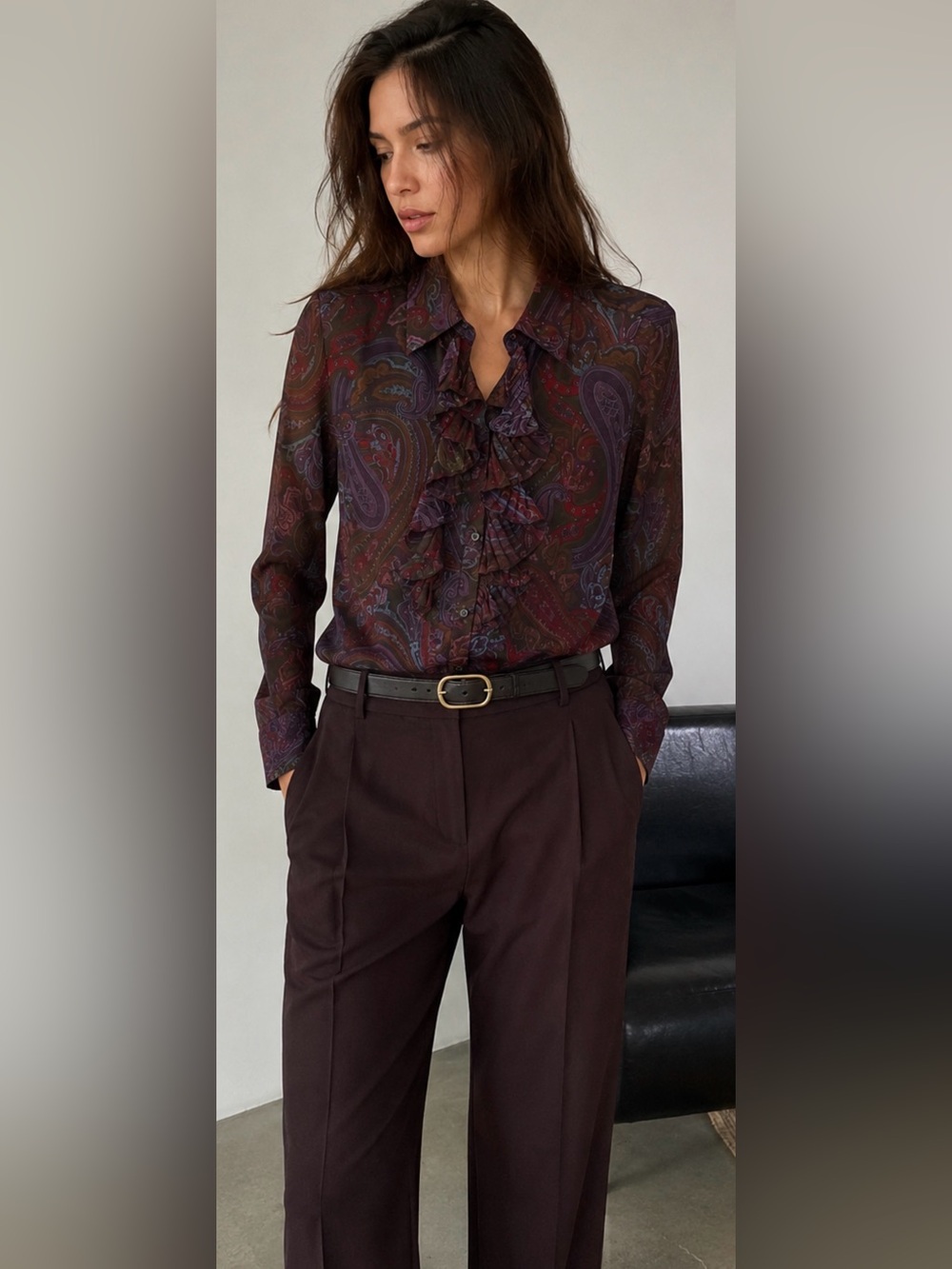 VTG Lauren Ralph Lauren Sheer Paisley Ruffle Blouse Button Front Y2K Boho M